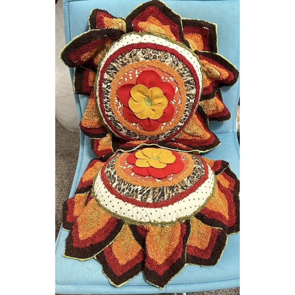 Pier 1 Imports Throw Pillows Set of 2 Flower Shape Applique French Knot Boho